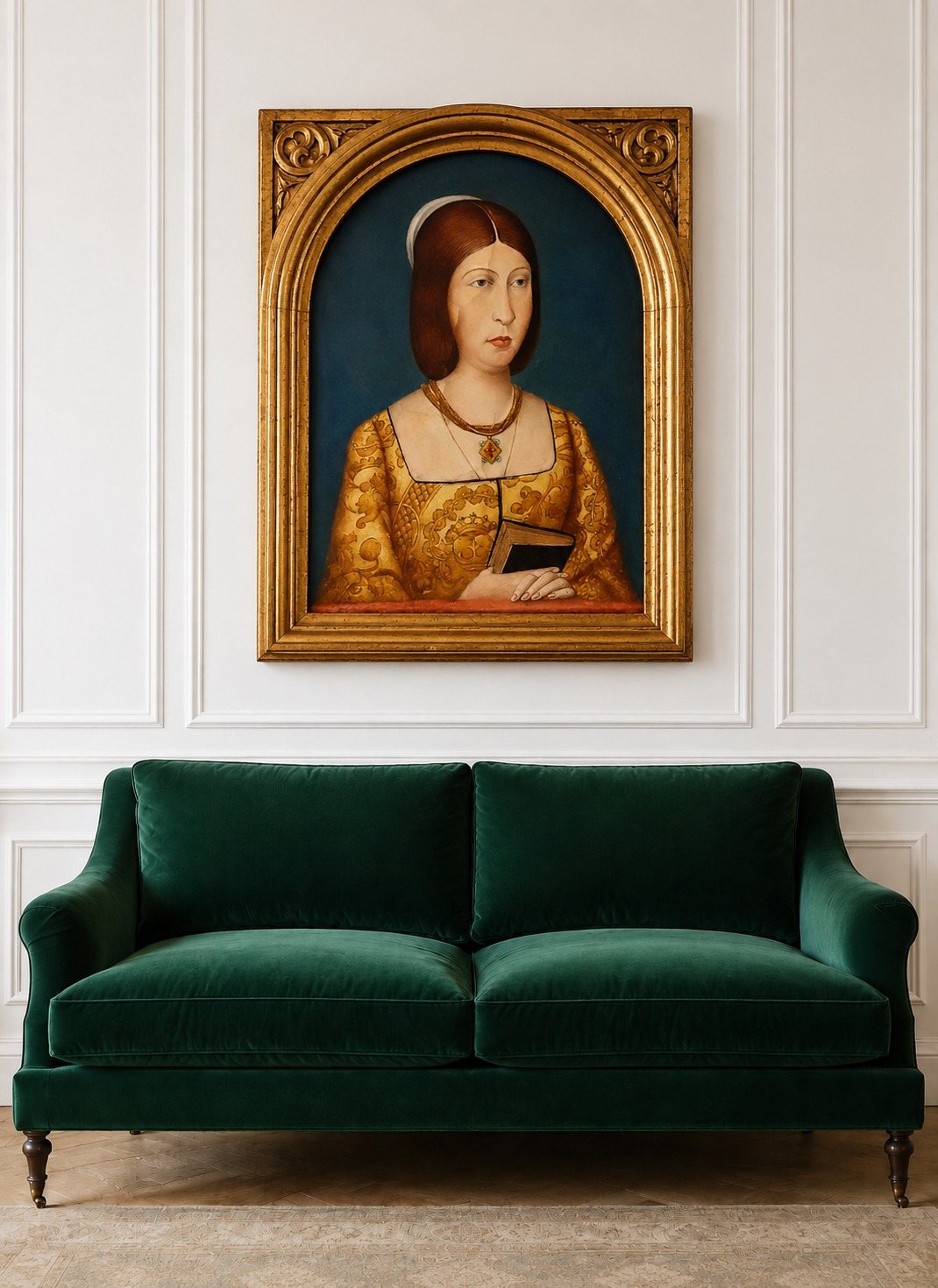 Green velvet sofa beneath a framed Renaissance-style portrait