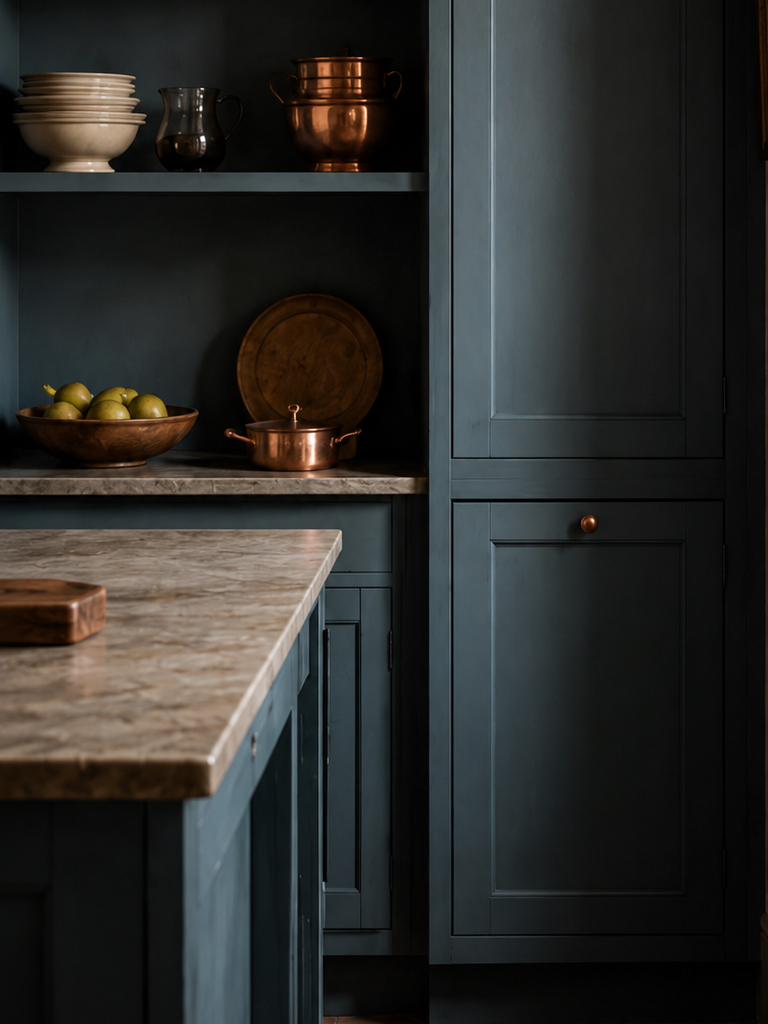 Dark blue kitchen with a stone countertop and copper accents