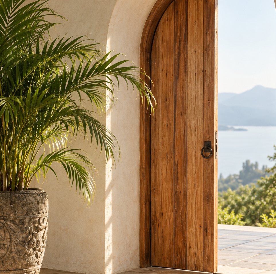 Open wooden door beside a potted palm overlooking the sea.