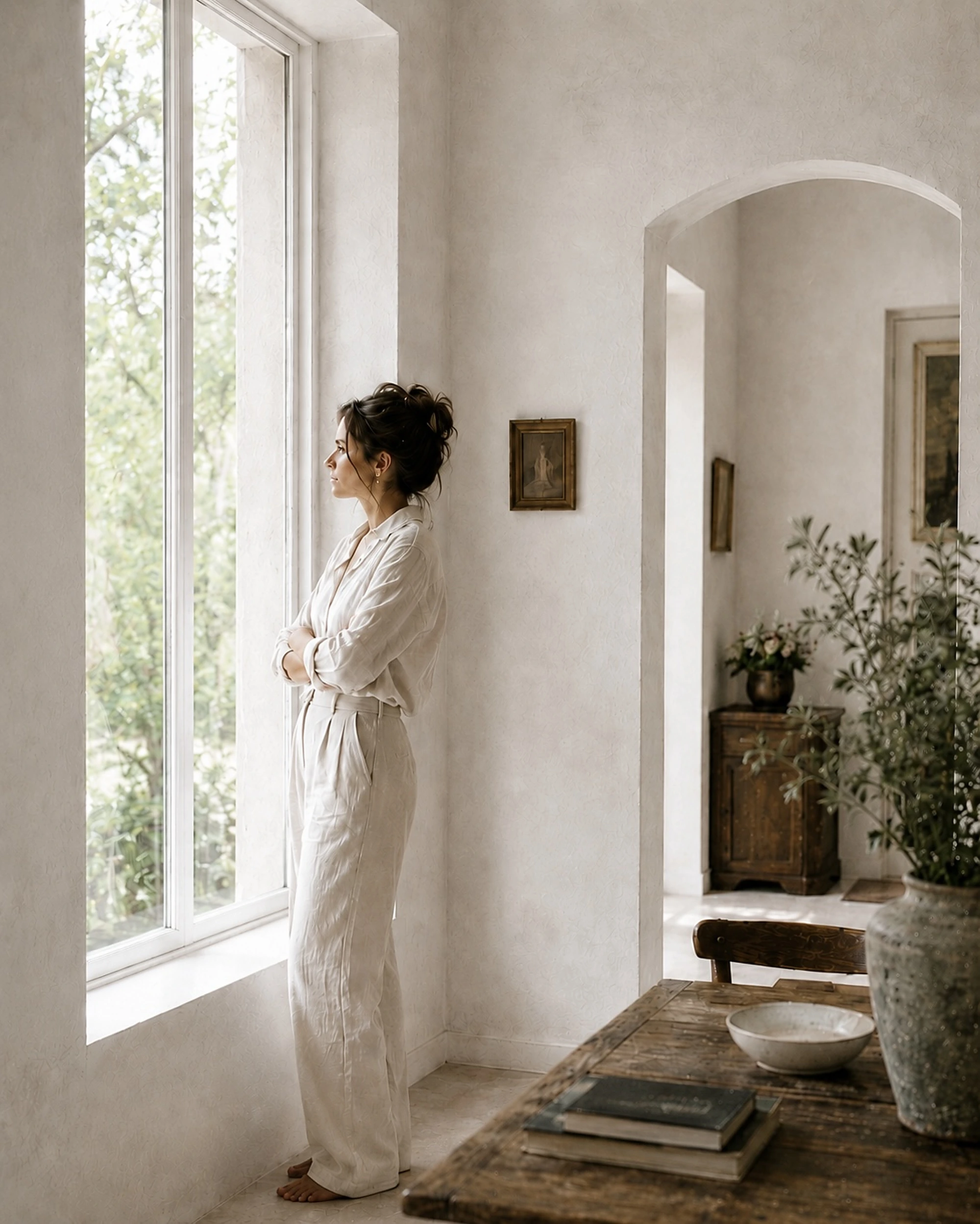 Woman standing beside a tall window in a quiet, light-filled home.